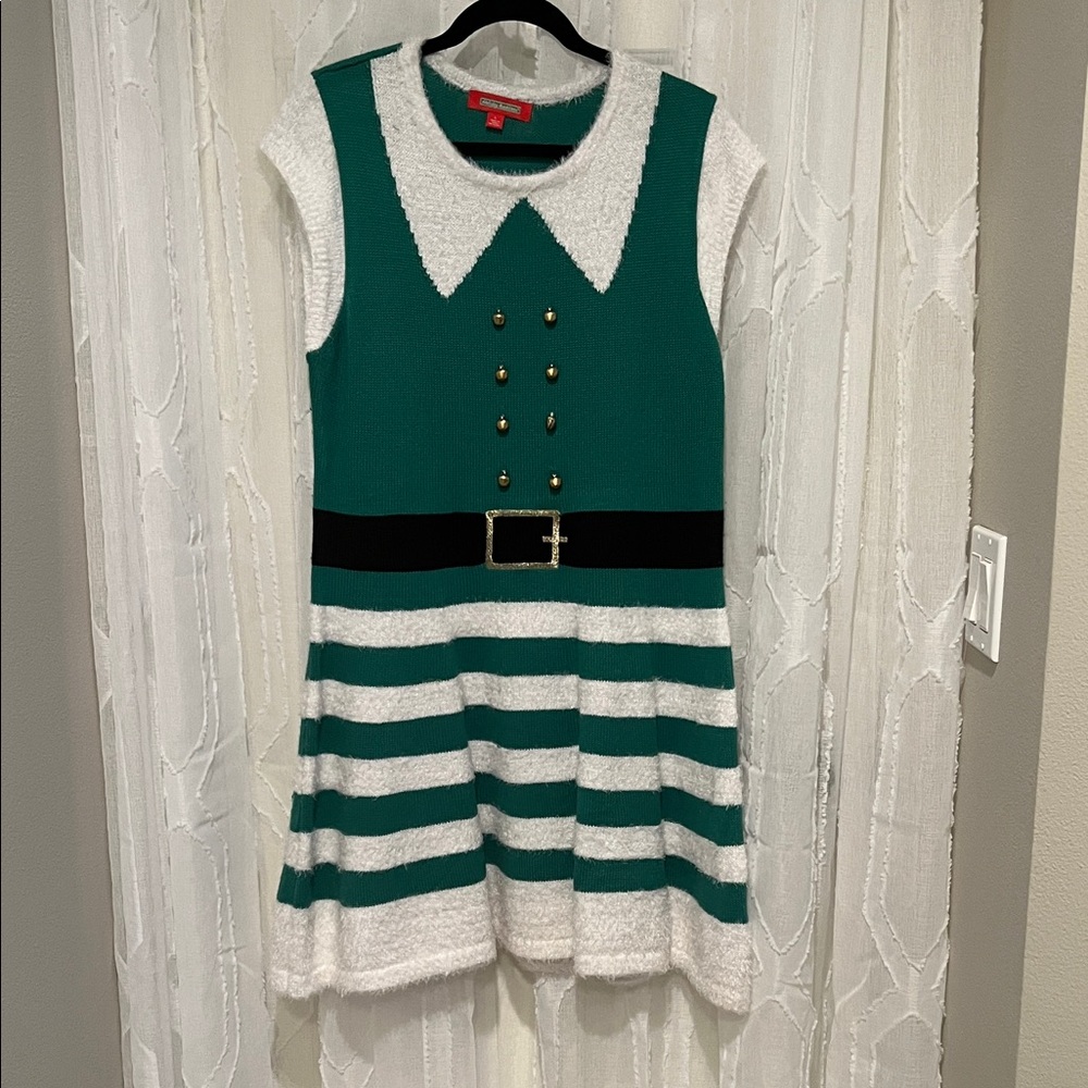 Elf Sweater Dress | Size L | Green & White Striped | Holiday Ugly Sweater Dress
